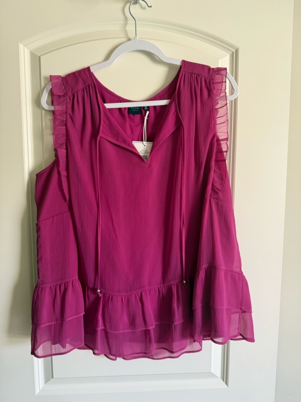 Kaari Blue XL Pink Ruffle Peasant Top Sleeveless Flowy Blouse NWT